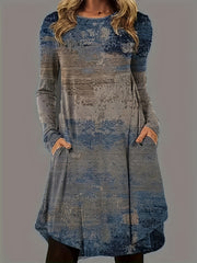 Painting Print Long Sleeve Round Neck Tee Dress
