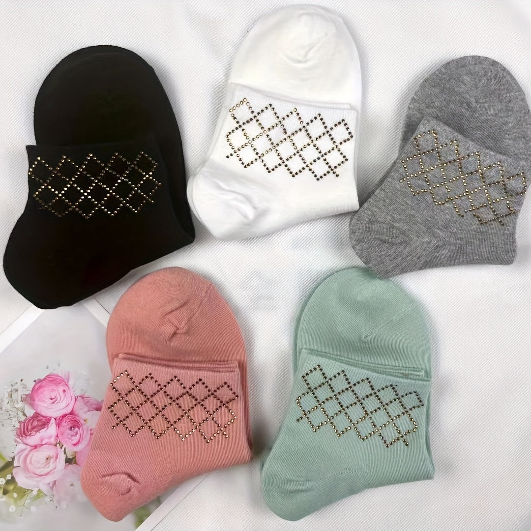 5 Pairs Rhinestone Decor Crew Socks for Women