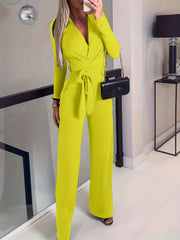 Wide Leg Belted Jumpsuit Long Sleeve V Neck Jumpsuit
