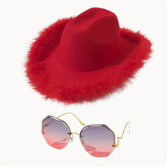 Y2K Feather Cowgirl Hat & Sunglasses Set - Cowboy Jazz Fedora Cap & Gradient Eye