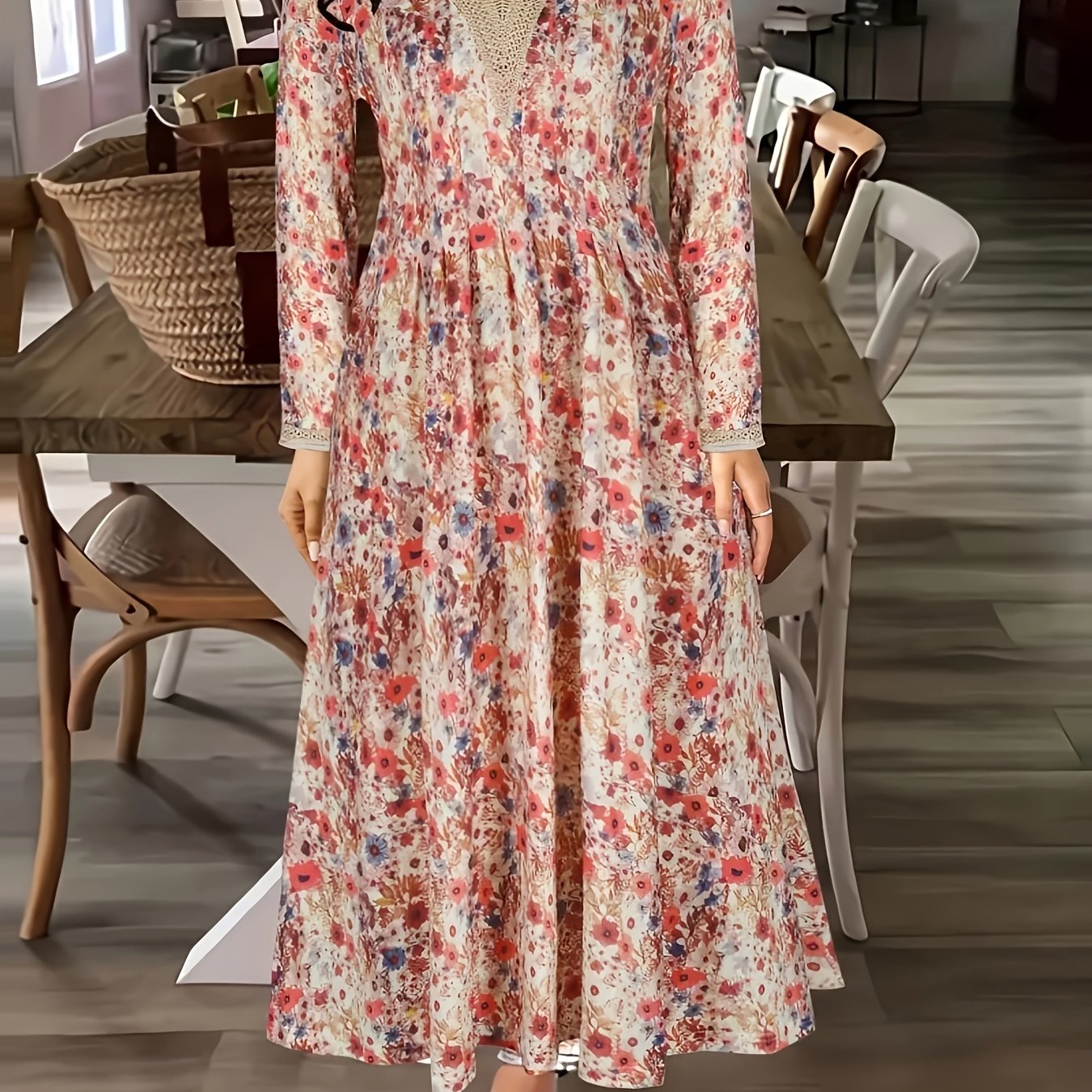 Boho Dress Women's Plus Contrast Guipure Lace Floral Print Long Sleeve Dress