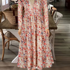 Boho Dress Women's Plus Contrast Guipure Lace Floral Print Long Sleeve Dress