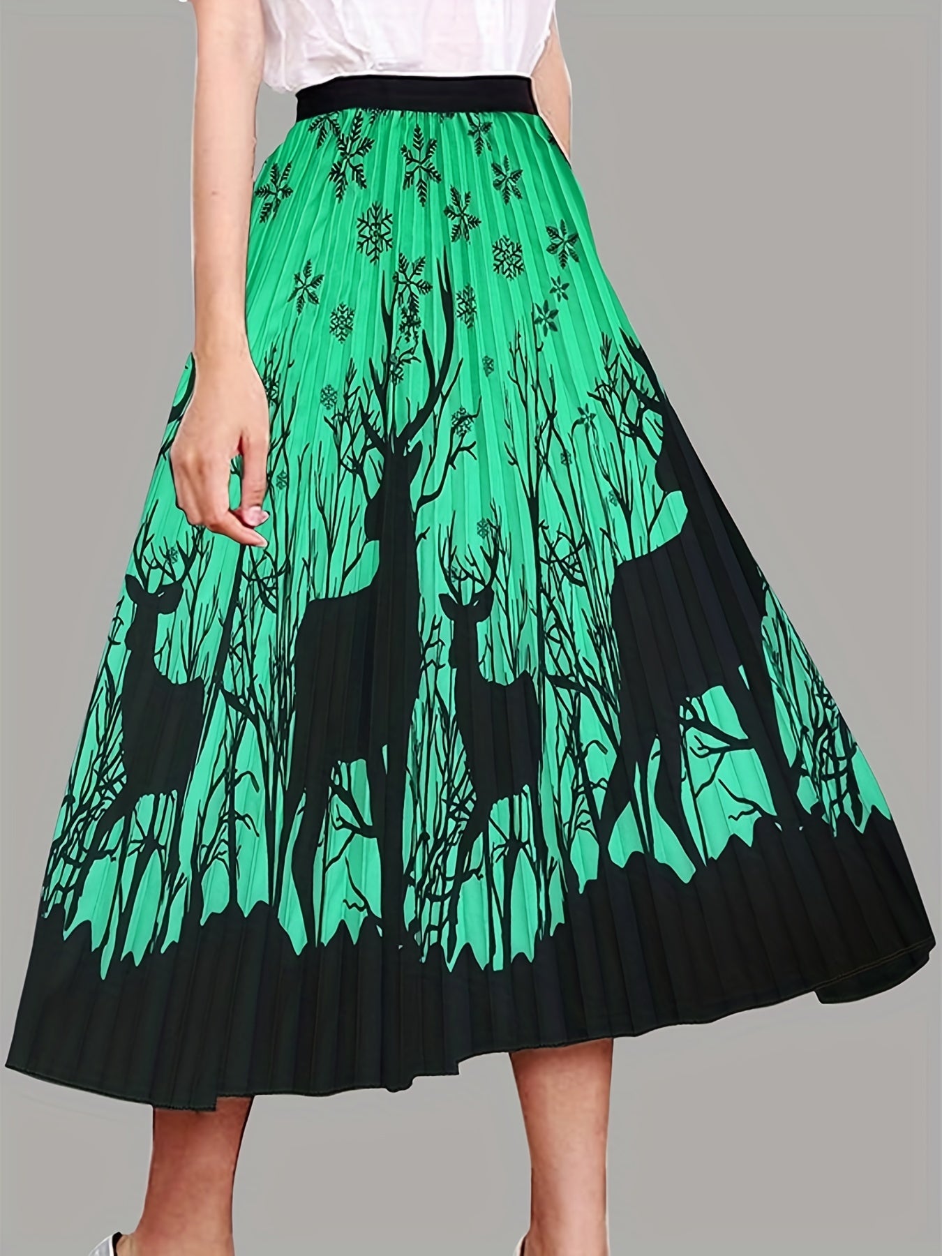 Deer Print Pleated Midi Skirt A Line Boho Style