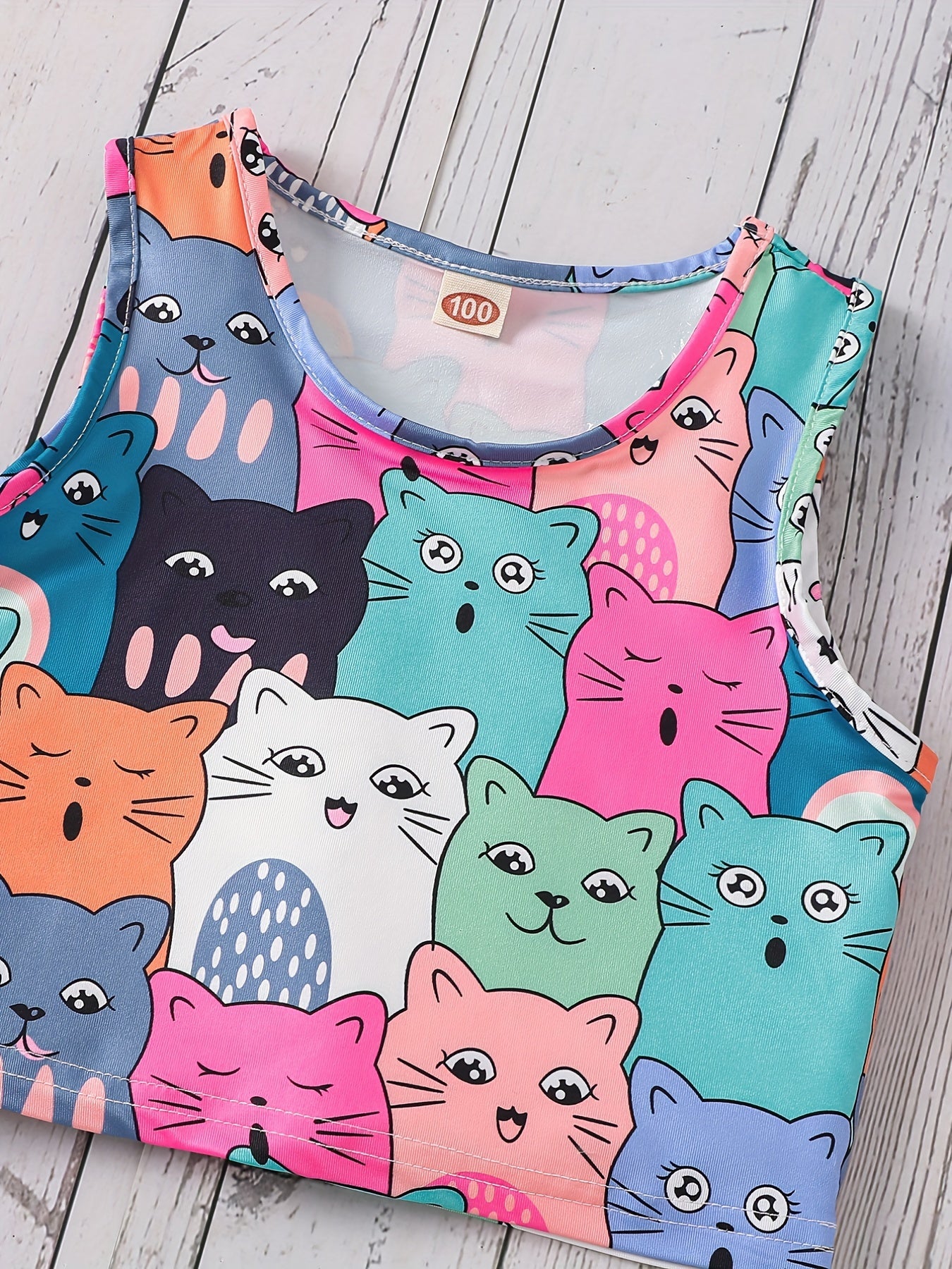 Kids Summer Cartoon Cat Tank Crop Top & Shorts Set