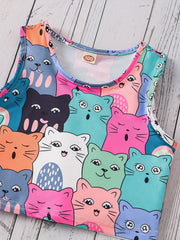 Kids Summer Cartoon Cat Tank Crop Top & Shorts Set