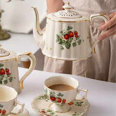 Vintage Strawberry Porcelain Tea Cup and Saucer Set with Golden Trim