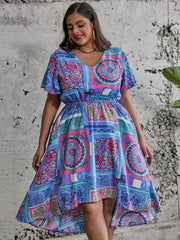 Colorblock Scarf Print V-Neck Stretch Dress
