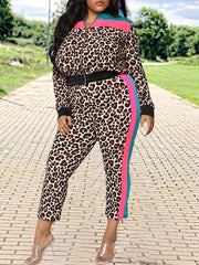 Leopard Print Zip Up Jacket & Pants Set Plus Size Casual Bodycon 2pcs Set