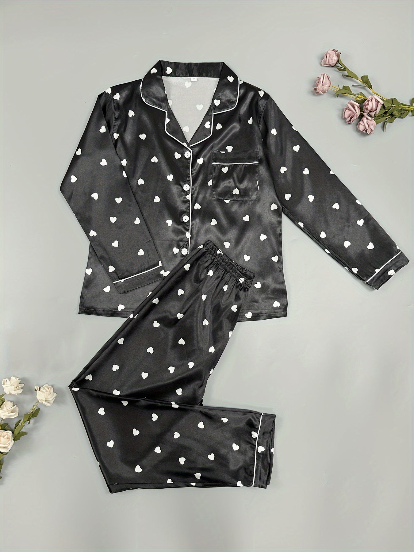 Heart Print Pajama Set Long Sleeve Buttons Top & Elastic Waistband Pants