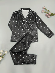 Heart Print Pajama Set Long Sleeve Buttons Top & Elastic Waistband Pants