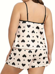 Heart & Polka Dot Print Cami Top & Shorts Pajama Set