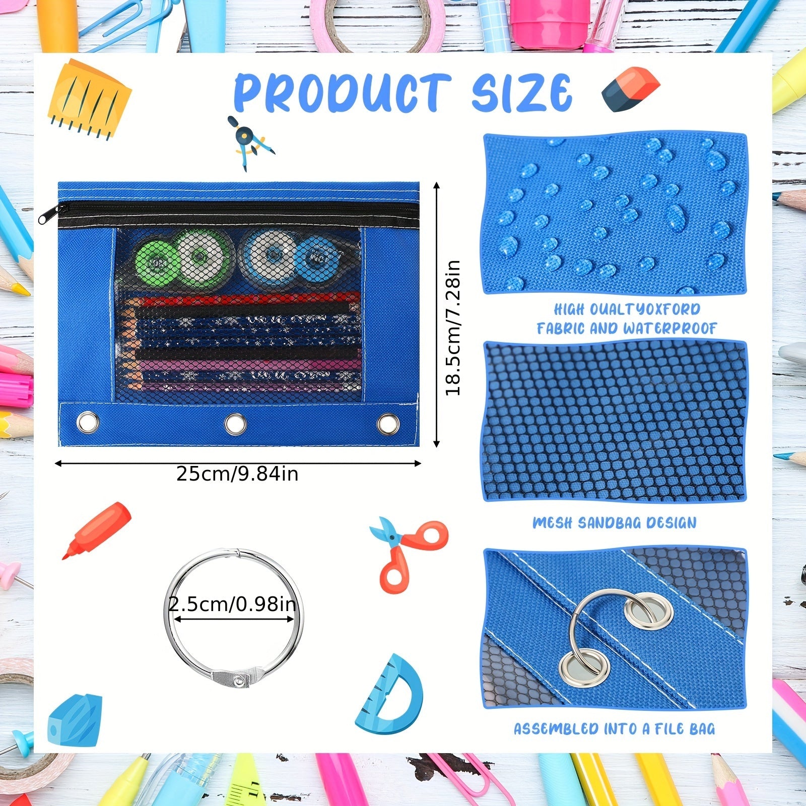 24pcs Large Pencil Pouch for 3 Ring Binder and 12pcs 2.54cm Rings Key Rings