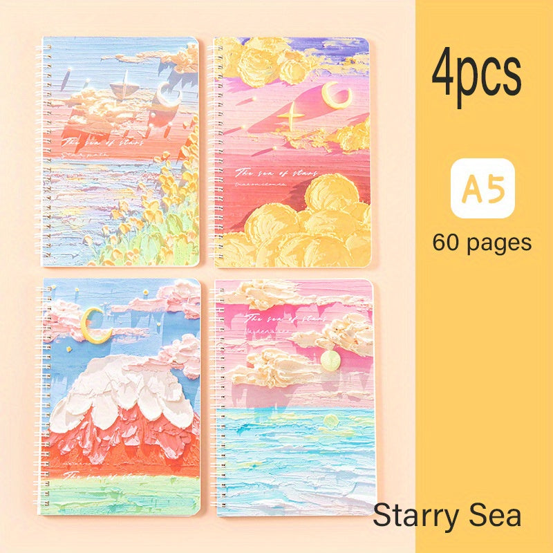 4pcs Painting Scenery A5 Coil Student Diary Stationery Notepad