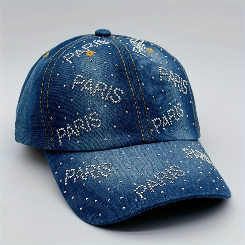 Rhinestone Decor Denim Baseball Cap Distressed Dad Hat Hip Hop Couple Sun Hats