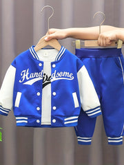 3pc Boys Letter Print Baseball Suit Crew Neck Cotton Set