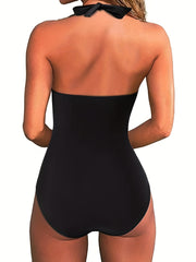 Backless Halter Tie One Piece Swimsuit High Stretch Solid Swimwear