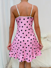 Heart Print Ruffle Nightdress V Neck Sleep Dress