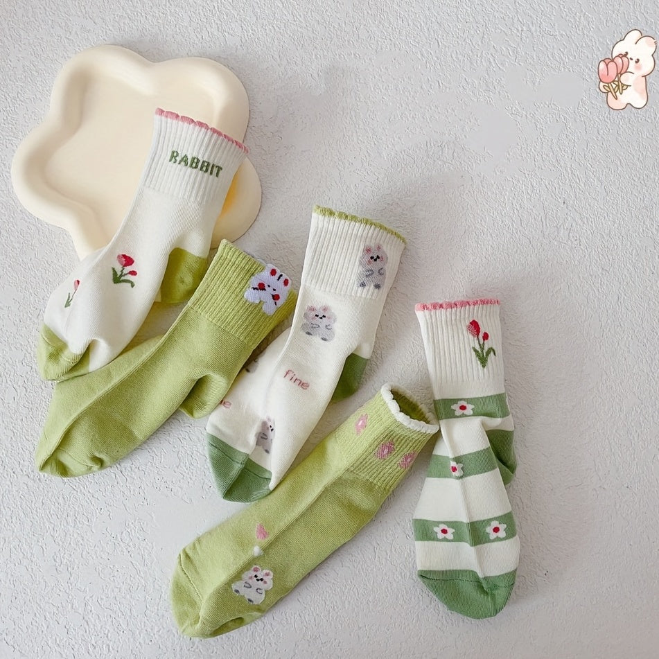 5 Pairs Cartoon Crew Socks for Girls, All Seasons Boneless Children's Socks