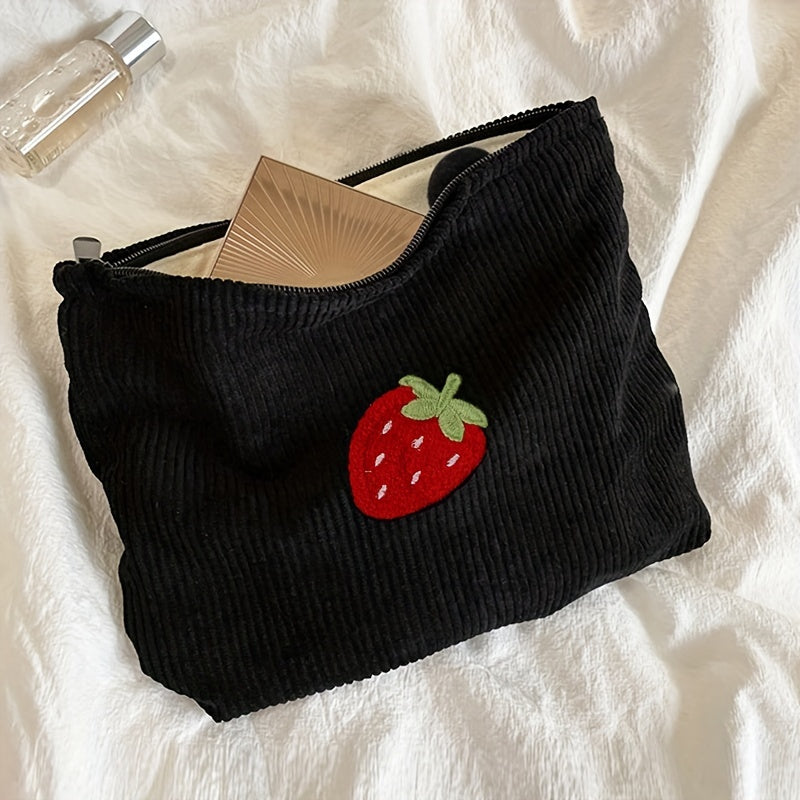 Large Capacity Strawberry Pattern Corduroy Cosmetic Bag