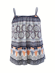 Boho Cami Top Damask Print Round Neck Stretch Cami Top