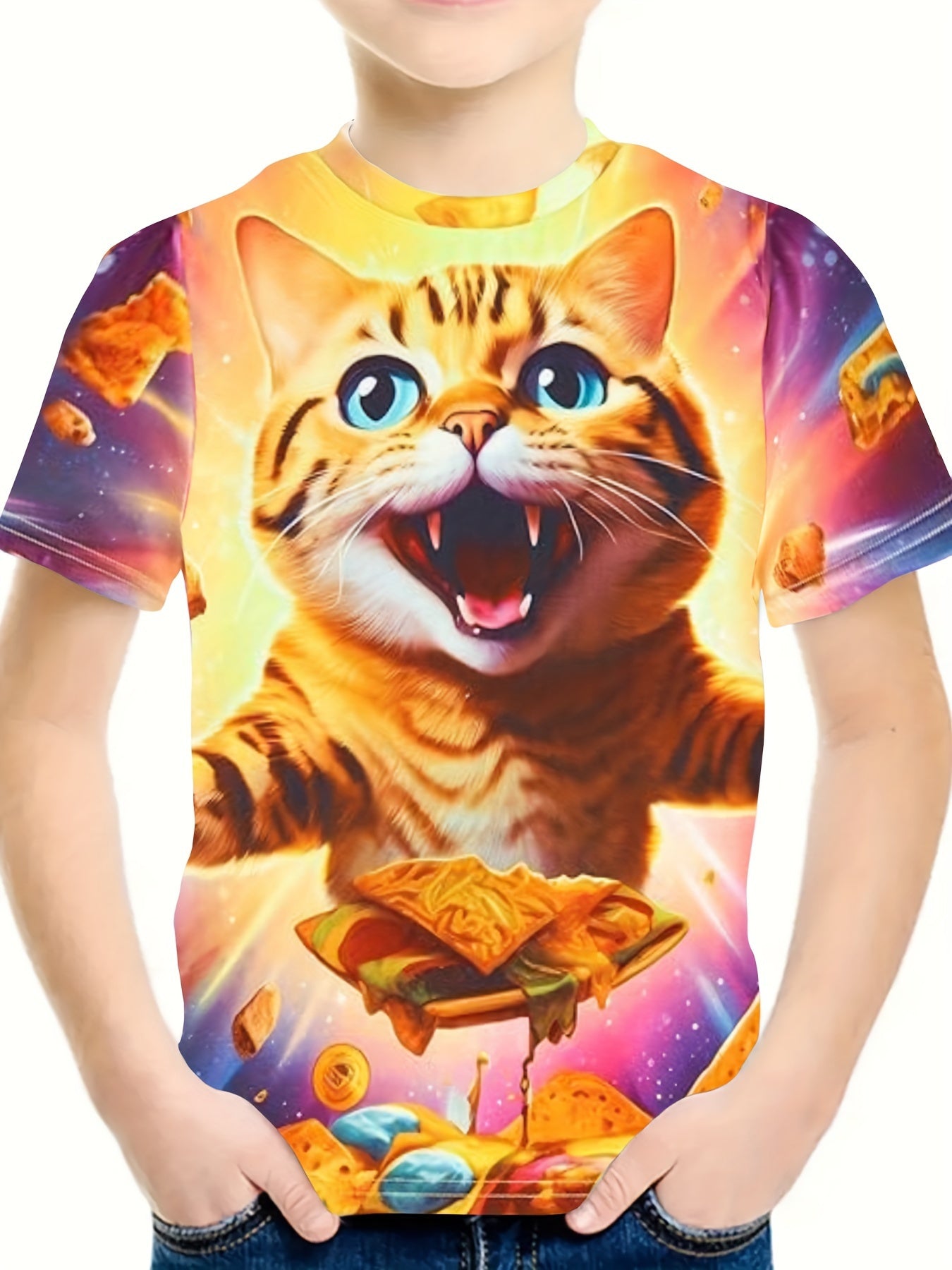 3D Kitty Graphic Crew Neck Short Sleeve T shirt