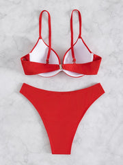 Red Triangle Push Up Bikini Set Spaghetti Straps High Cut 2 Piece Swimsuit