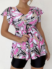 Abstract Print Tankini Set with Lace Butterfly Sleeve Top & Shorts