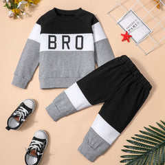 2pcs Boys BRO Print Block Pullover Sweatshirt & Jogger Pants Set
