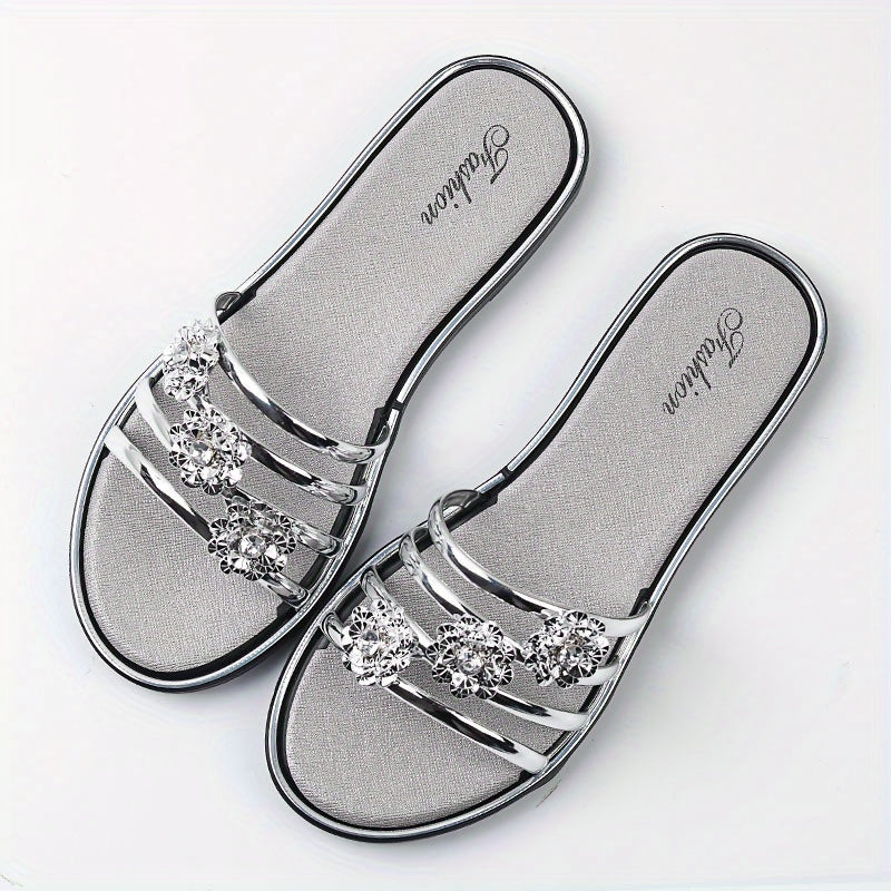 Rhinestone Flat Slides Open Toe Non Slip Shoes