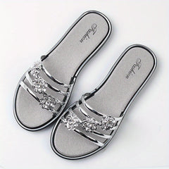 Rhinestone Flat Slides Open Toe Non Slip Shoes