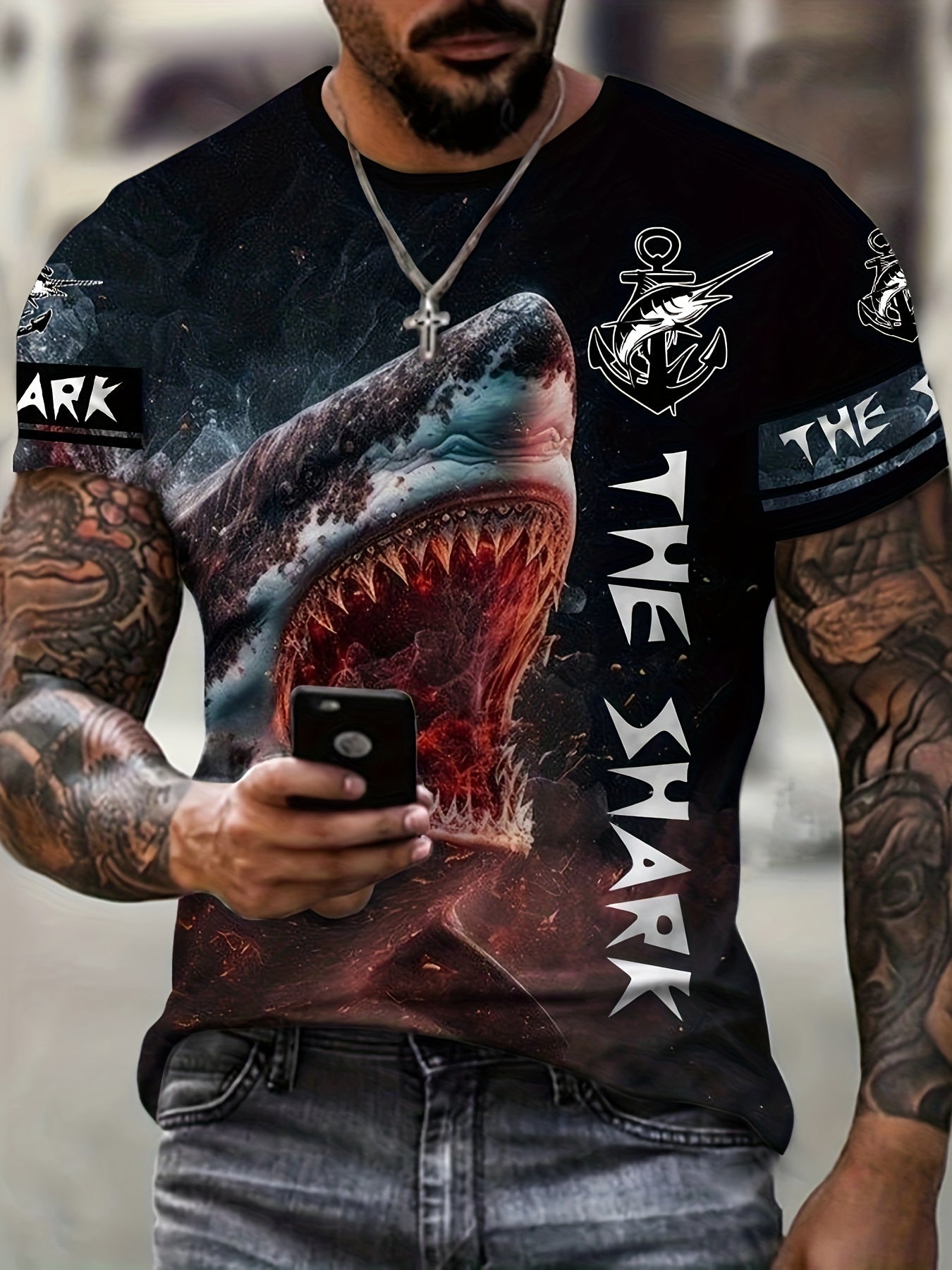 Shark Print Men's Graphic Active Crew Neck T shirt - Summer Casual Top