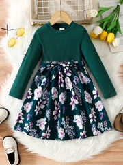 Floral Long Sleeve A Line Midi Dress with Belt