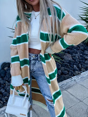Striped Open Front Sweater Cardigan With Pockets