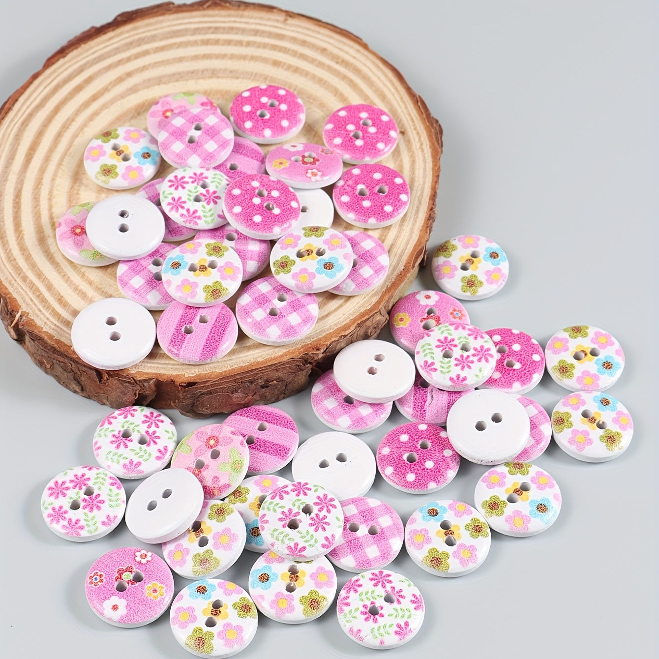 50pcs 2 Hole Wooden Bottom Mixed Pattern Painted Buttons for Crafts DIY