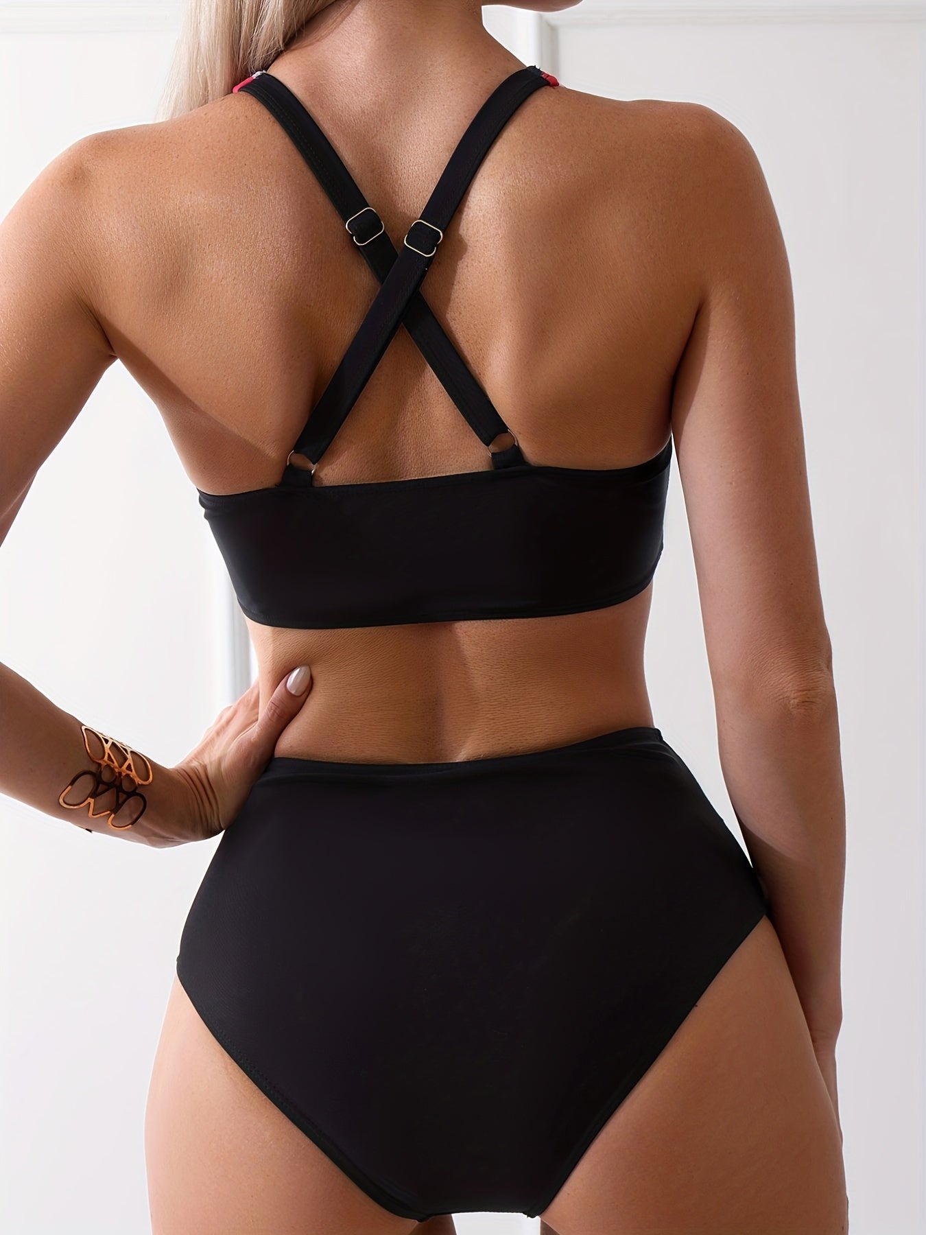 Geometric Print Twist 2 Piece Set Bikini Cross Back High Waist Swimsuit