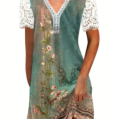 Floral Print V Neck Dress Lace Short Sleeve Dress