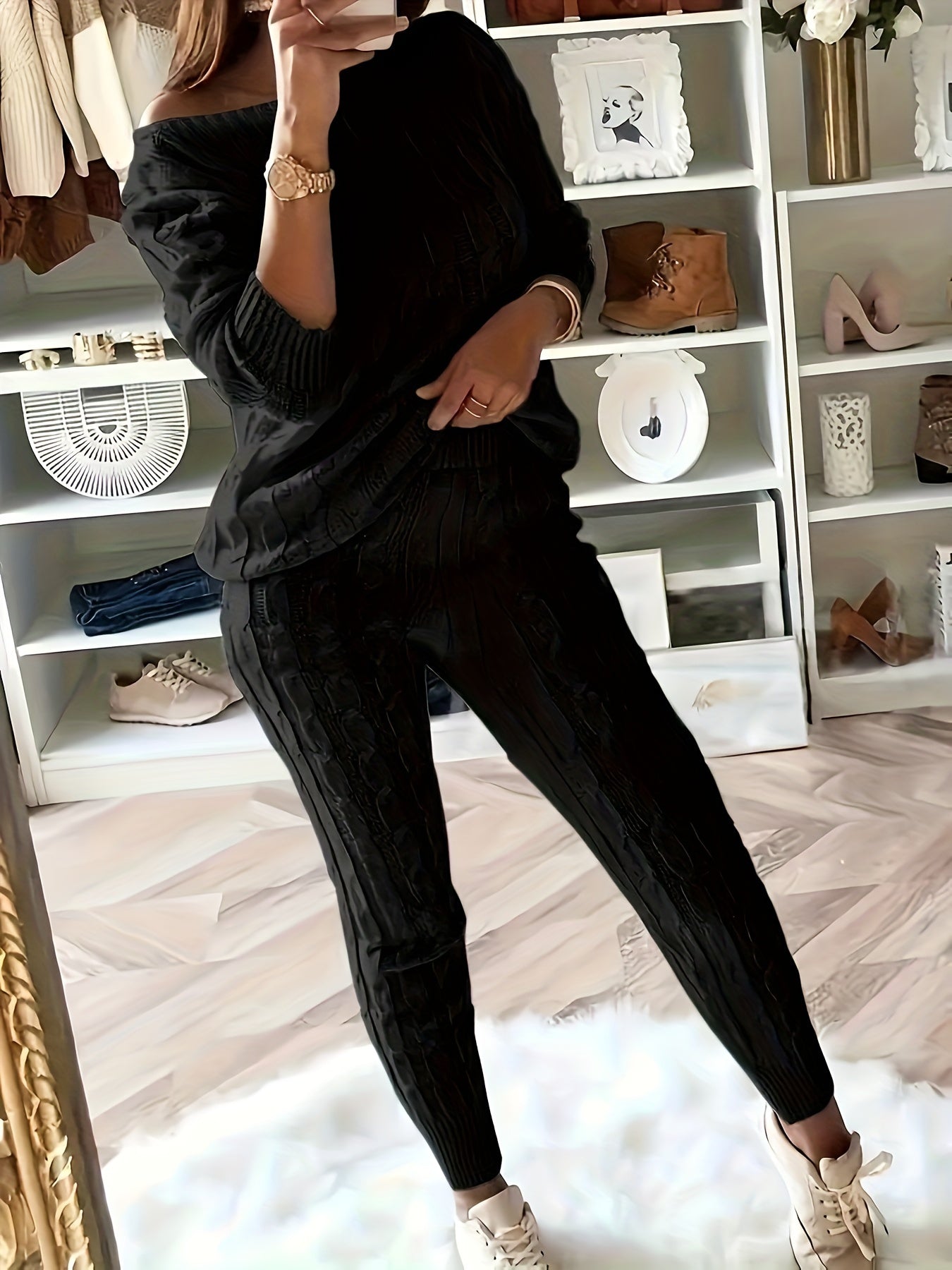 One Shoulder Cable Knit Jumper & Pants Set