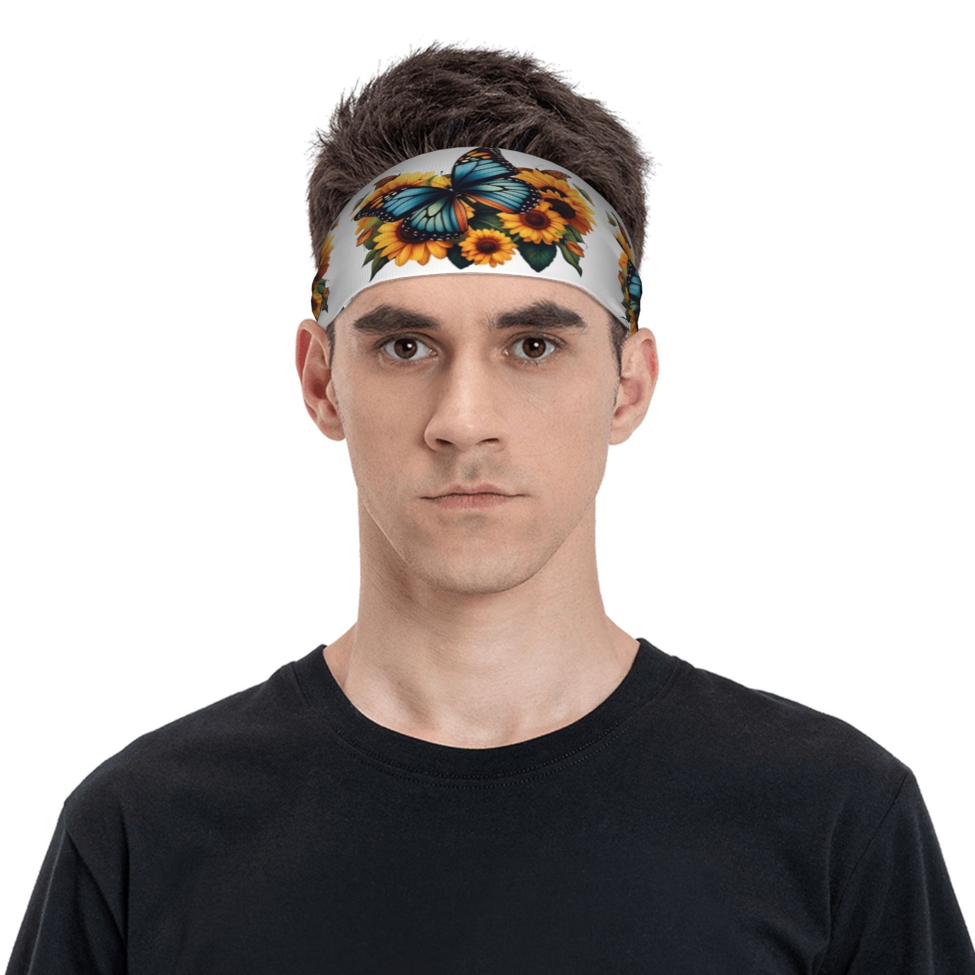 Sunflower & Butterfly Print Sports Headband - Stretchy & Breathable Polyester