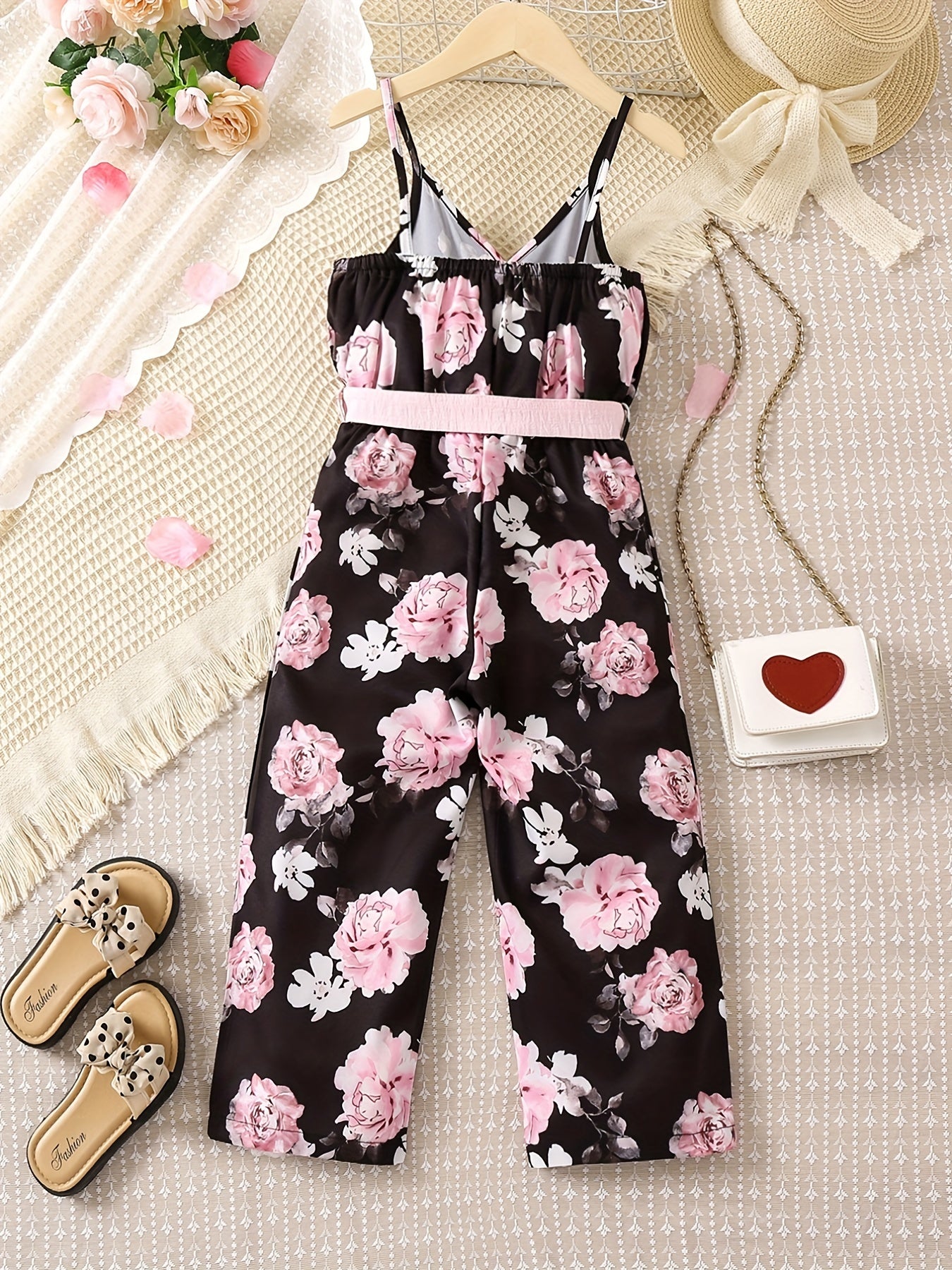 Toddler Girls Flowers Graphic Belted Cami Rompers Wide Leg Jumpsuits