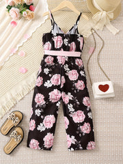 Toddler Girls Flowers Graphic Belted Cami Rompers Wide Leg Jumpsuits
