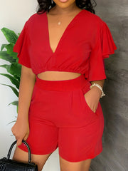 Solid Flutter Sleeve V Neck Crop Top & Shorts Set