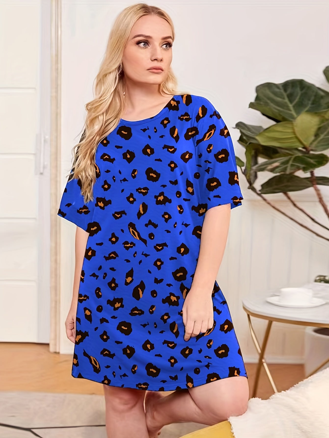 Leopard Print Nightdress Short Sleeve Round Neck S