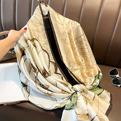 Camellia Print Satin Large Scarf Silk Shawl Casual Windproof Head Wrap