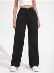 High Waist Denim Pants Straight Legs Loose Fit Casual Street Style