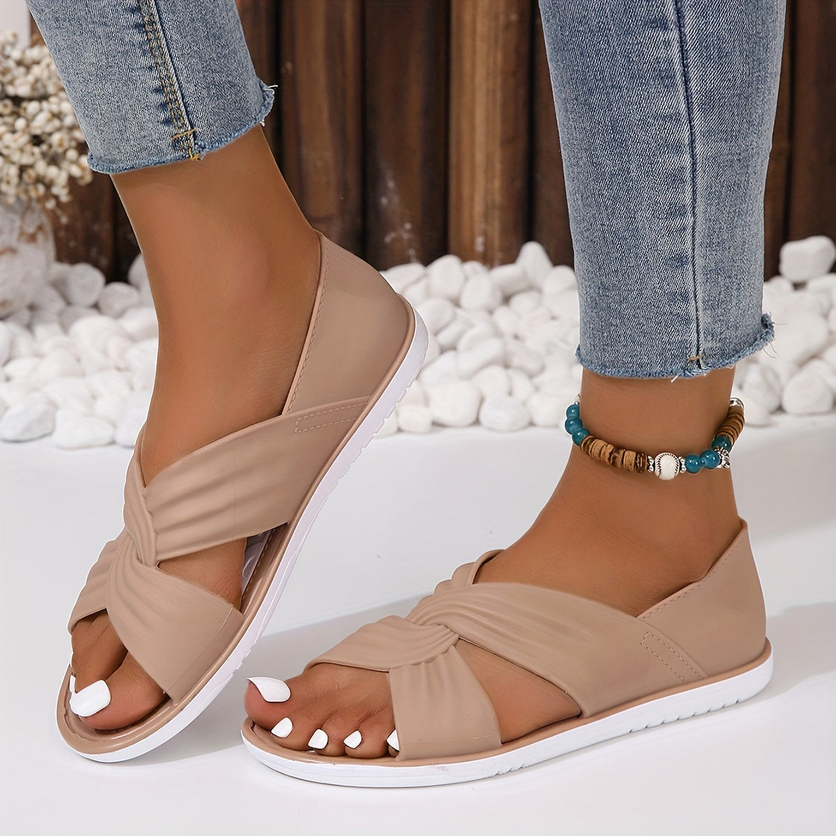 Women's Cross Strap Flat Sandals Casual Slip On Cutout Shoes