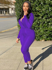 Long Sleeve Slim Jumpsuit V Neck Casual Jumpsuit Women's Clothing
