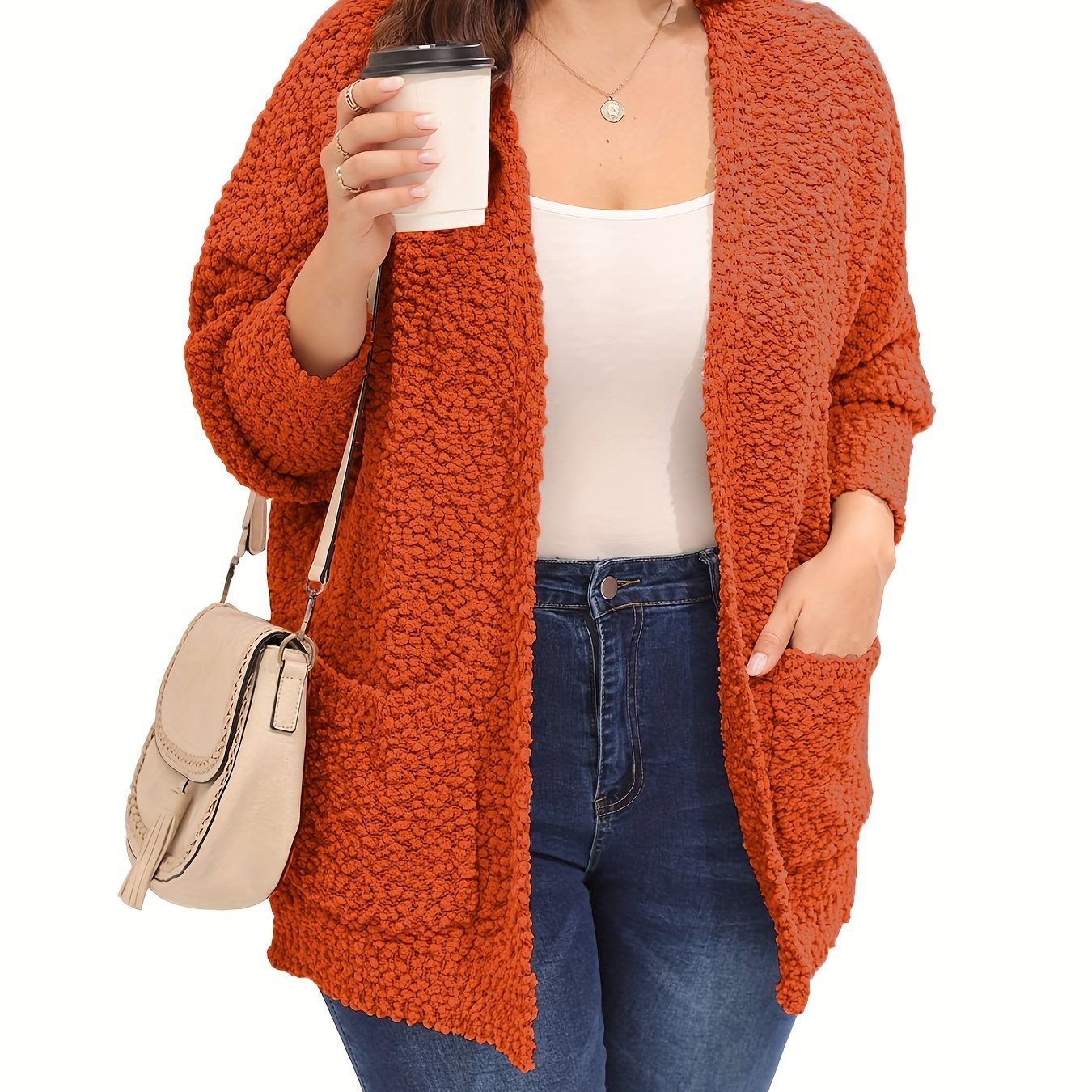 Casual Cardigan Women's Plus Fluffy Long Sleeve Slight Stretch