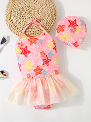 Toddler Girls Flowers Graphic Halter One Piece Swimsuit & Cap