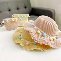 Girls Colorful Pompom Ball Straw Hat Wide Brim Sun Hat Beach Cap