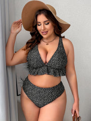 Ditsy Print V Neck Ruffle Trim Bikini Set